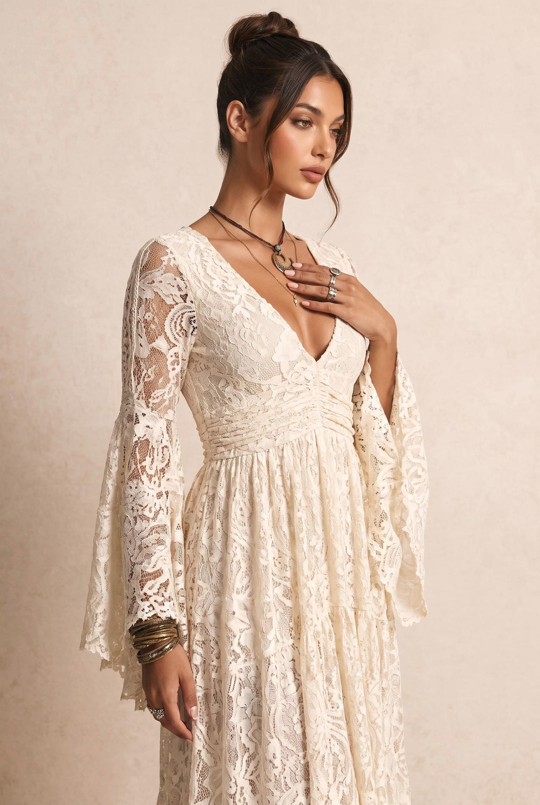 Floral Lace Ruched Waist Flowy Maxi Dress