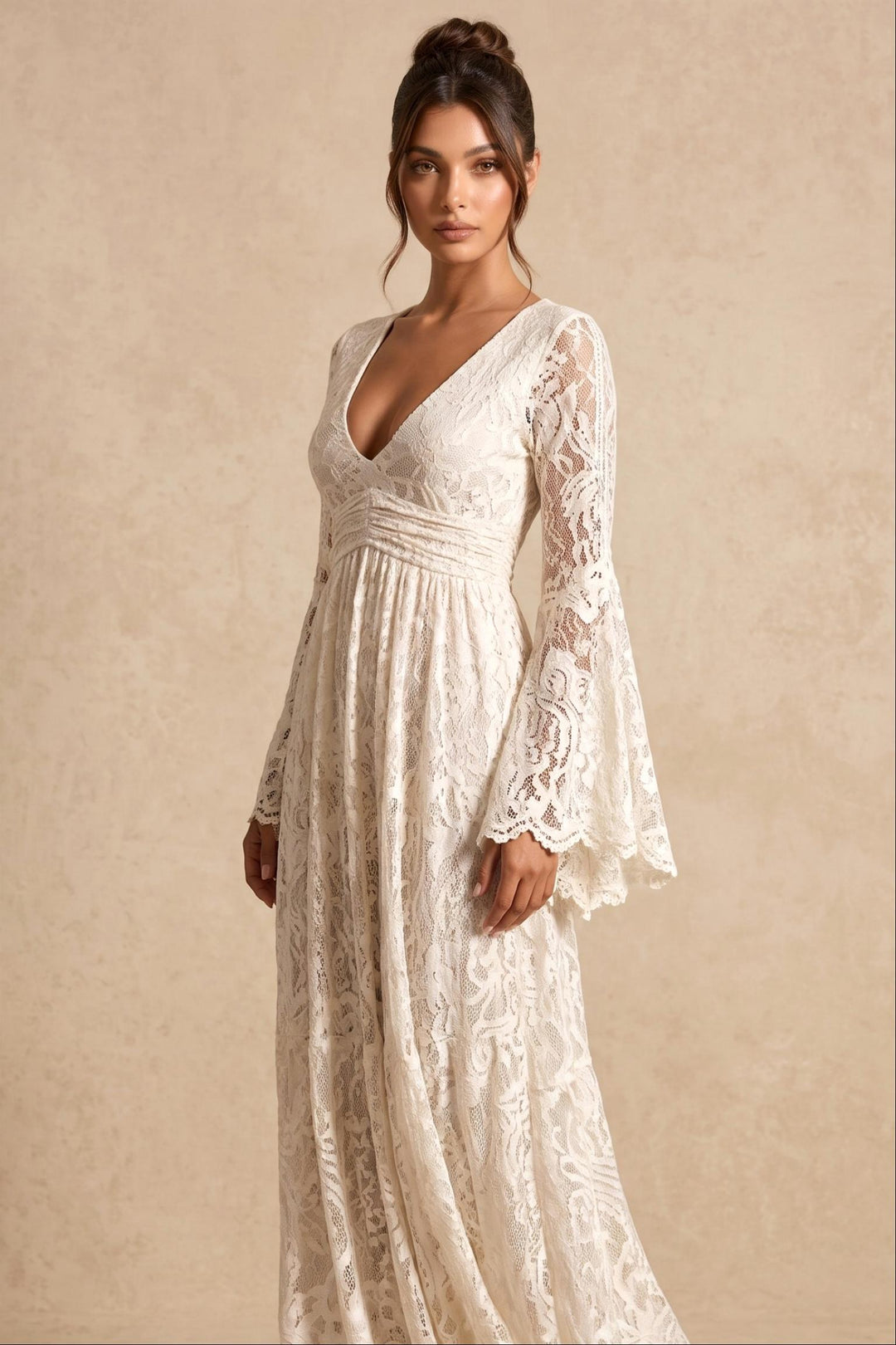 Floral Lace Ruched Waist Flowy Maxi Dress