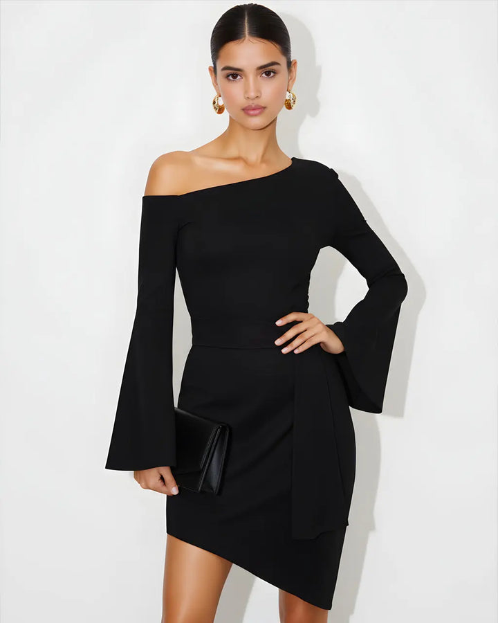 Off Shoulder Bell Sleeve Tie Side Ruched Mini Dress SOLACE