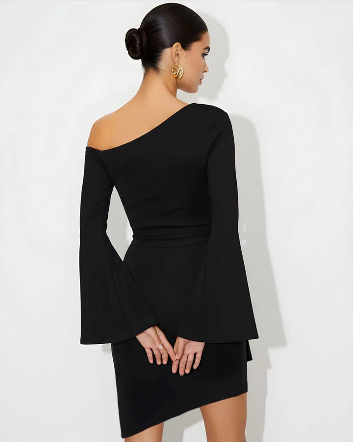 Off Shoulder Bell Sleeve Tie Side Ruched Mini Dress SOLACE