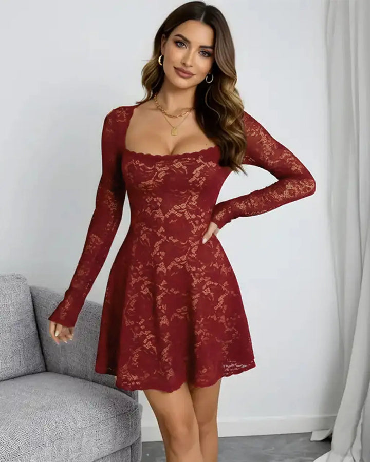 Square Neck Ruffle Hem Lace Mini Dress SOLACE