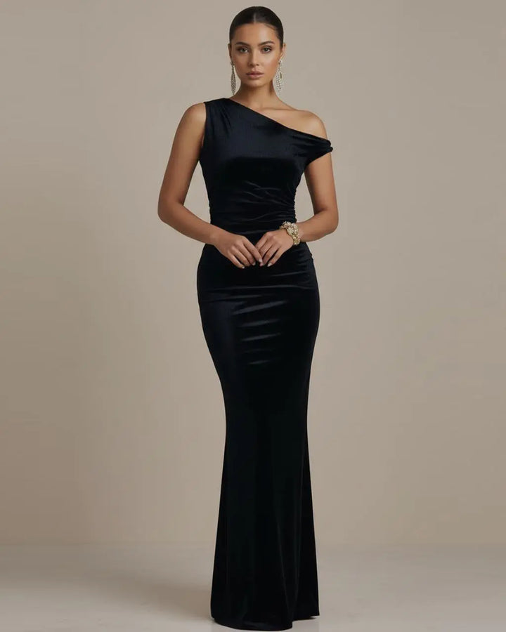 Black One-Shoulder Velvet Mermaid Maxi Dress SOLACE
