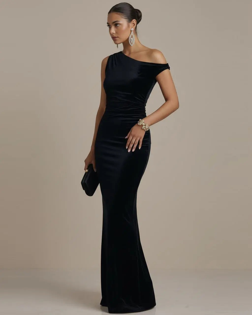 Black One-Shoulder Velvet Mermaid Maxi Dress SOLACE
