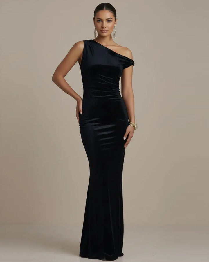 Black One-Shoulder Velvet Mermaid Maxi Dress SOLACE