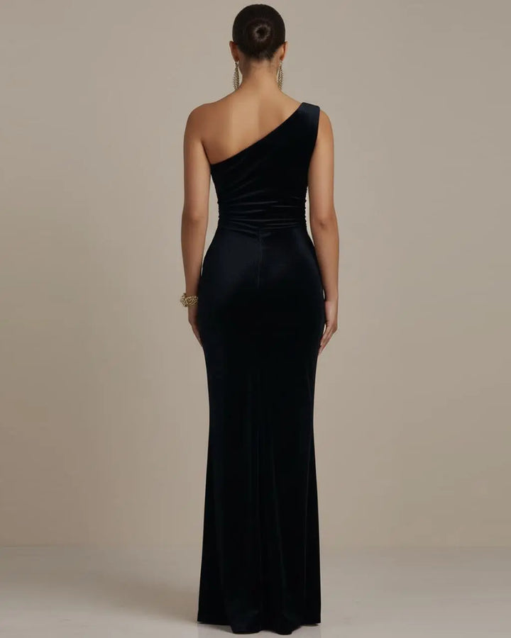 Black One-Shoulder Velvet Mermaid Maxi Dress SOLACE