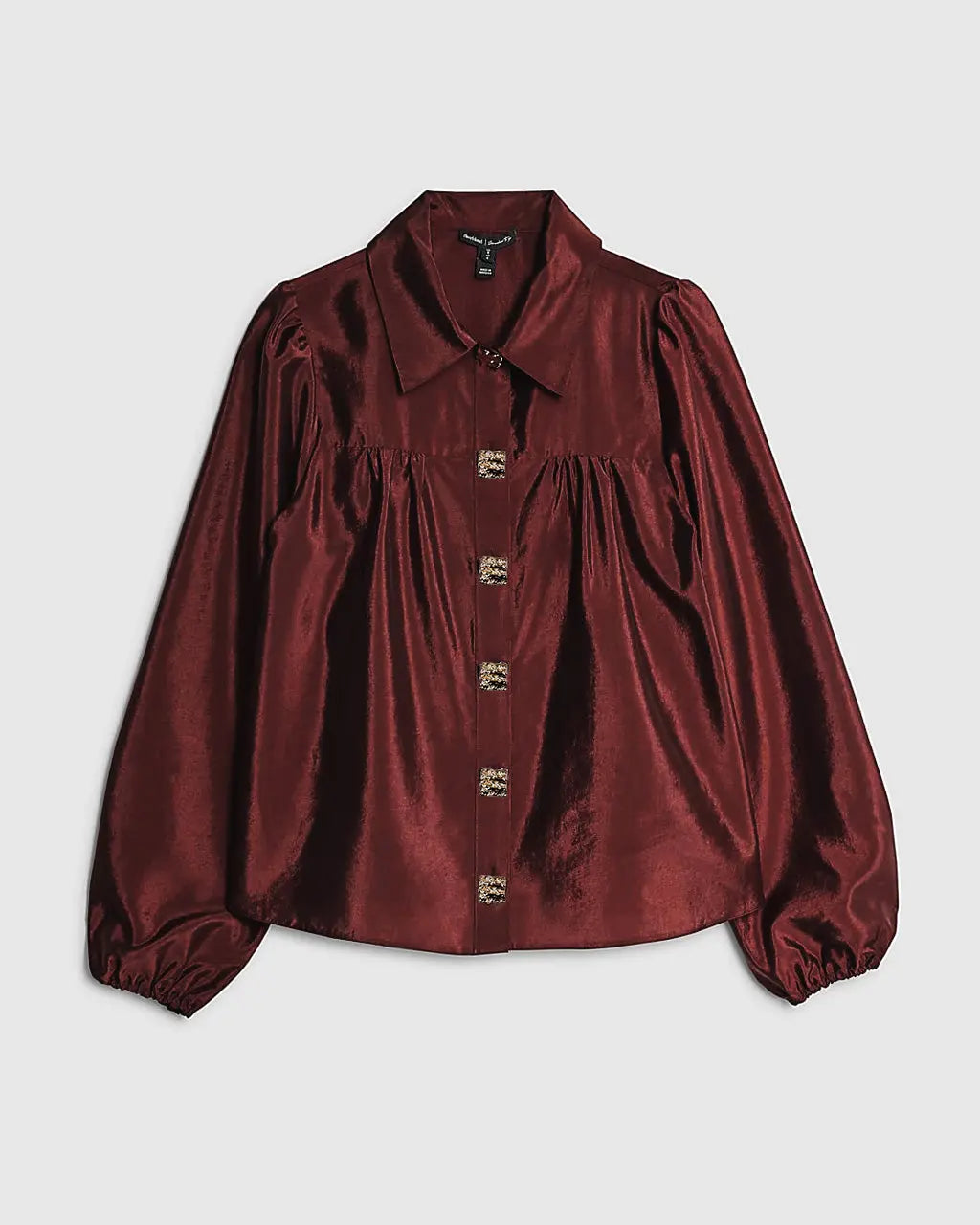 Burgundy Satin Decorative Buttons Puff Sleeve T-Shirt SOLACE