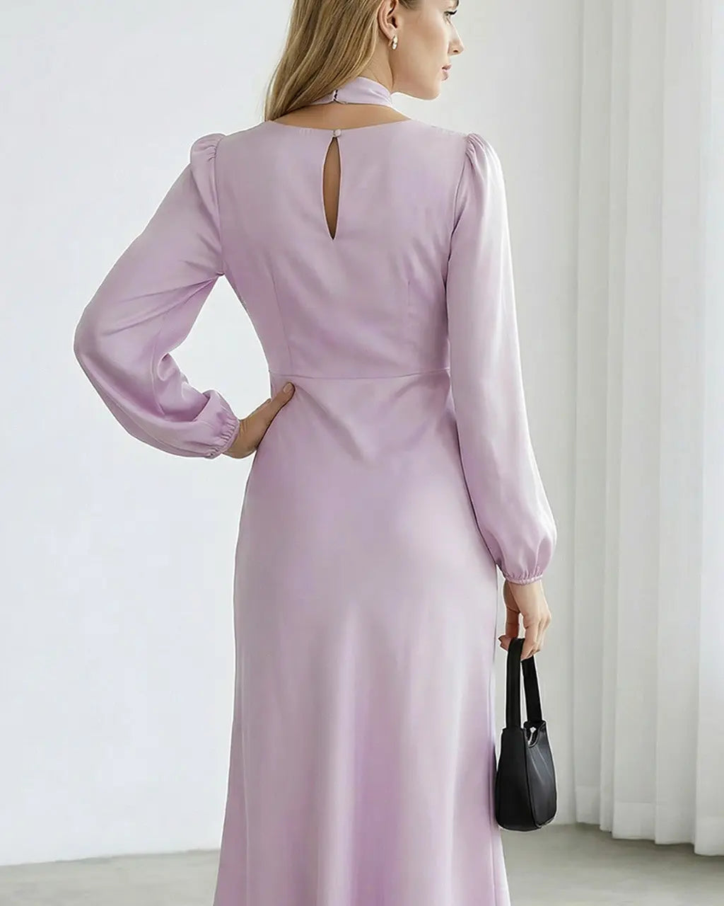 Lilac Satin Deep V-Neck Twist Midi Dress SOLACE