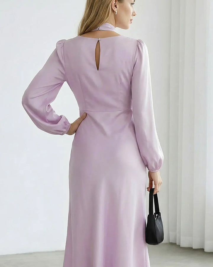 Lilac Satin Deep V-Neck Twist Midi Dress SOLACE
