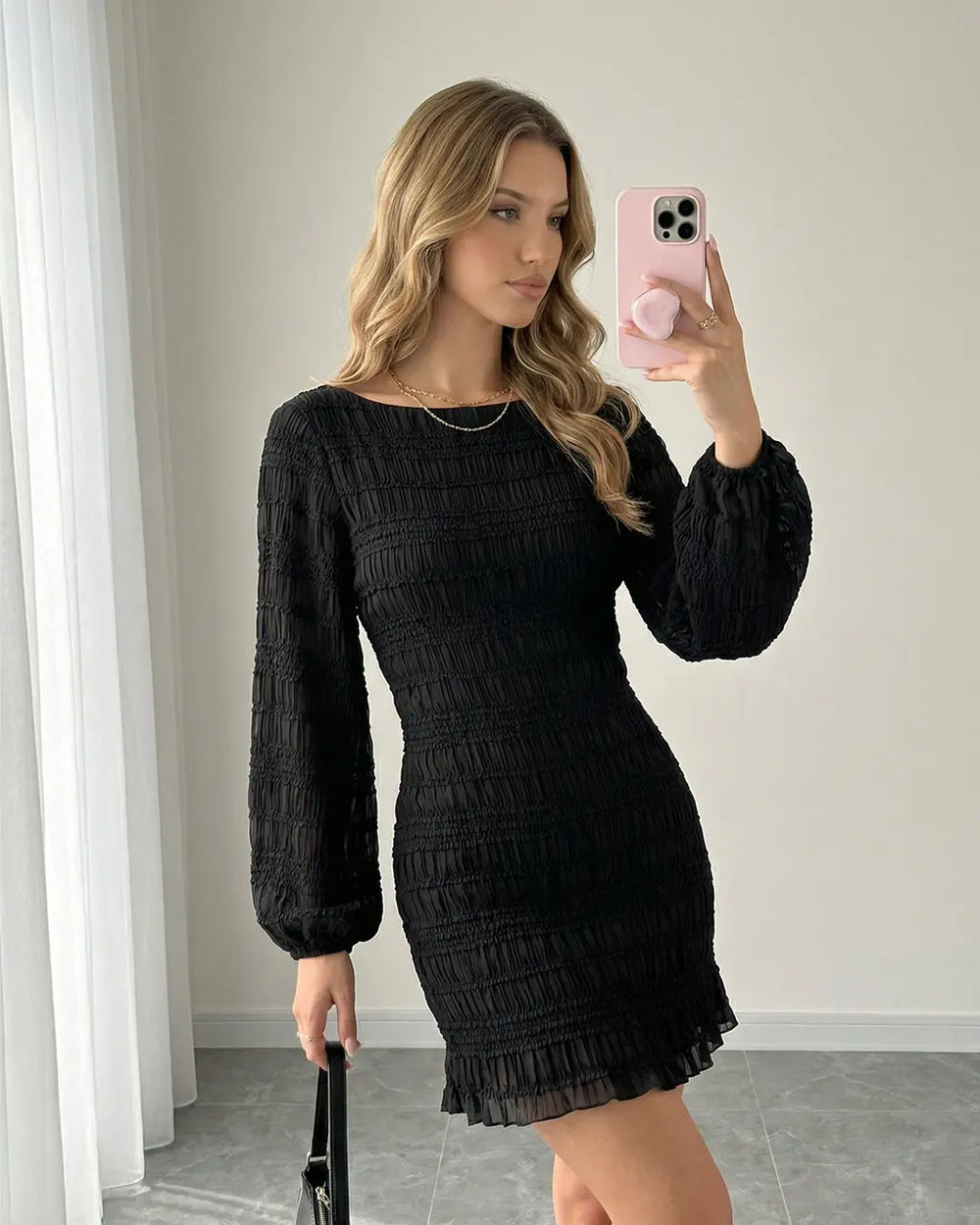 Black Long Puff Sleeve Ruched Mini Dress SOLACE