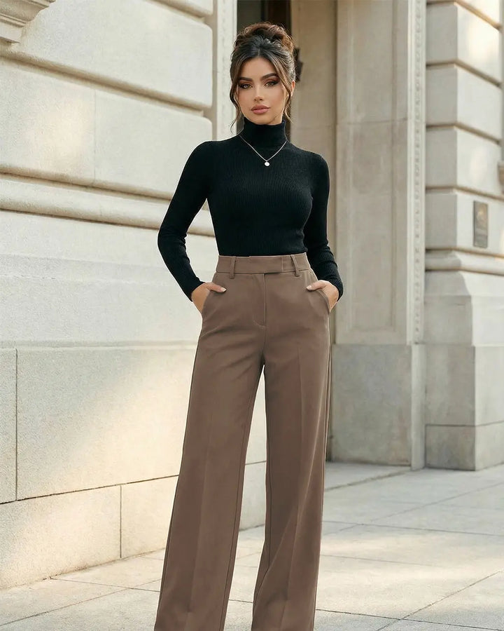 Camel-Colored High-Waisted Wide-Leg Formal Office Pants SOLACE