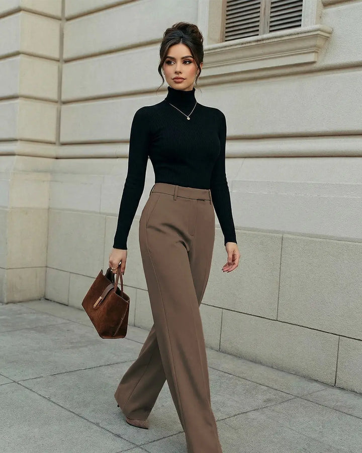 Camel-Colored High-Waisted Wide-Leg Formal Office Pants SOLACE