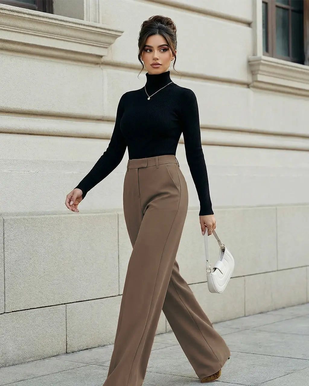 Camel-Colored High-Waisted Wide-Leg Formal Office Pants SOLACE