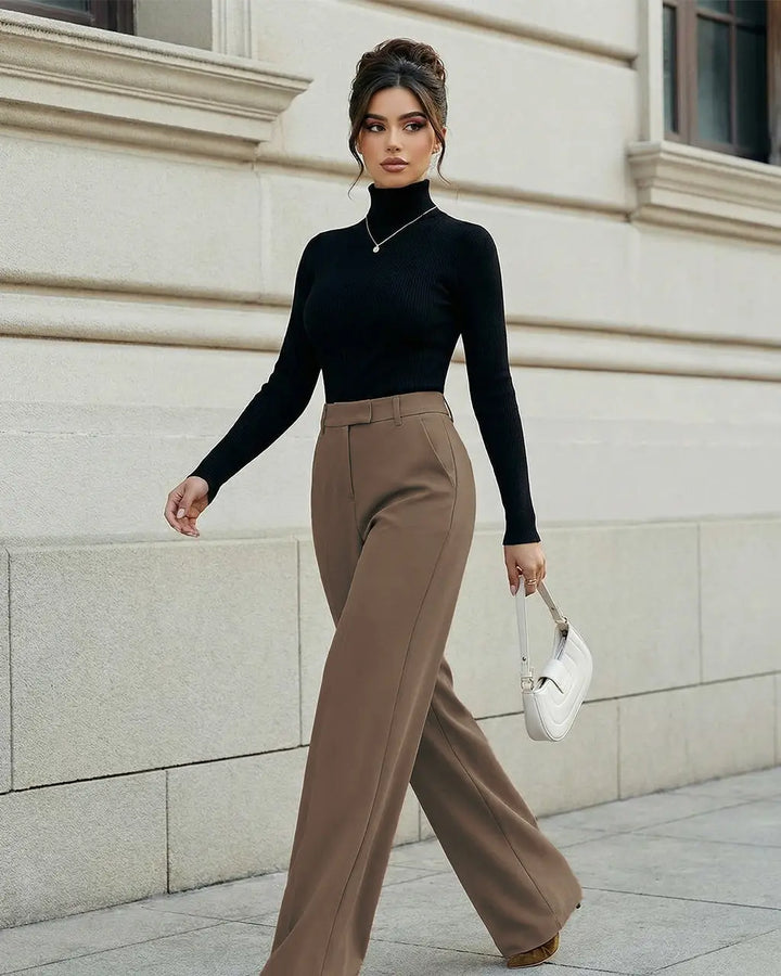 Camel-Colored High-Waisted Wide-Leg Formal Office Pants SOLACE