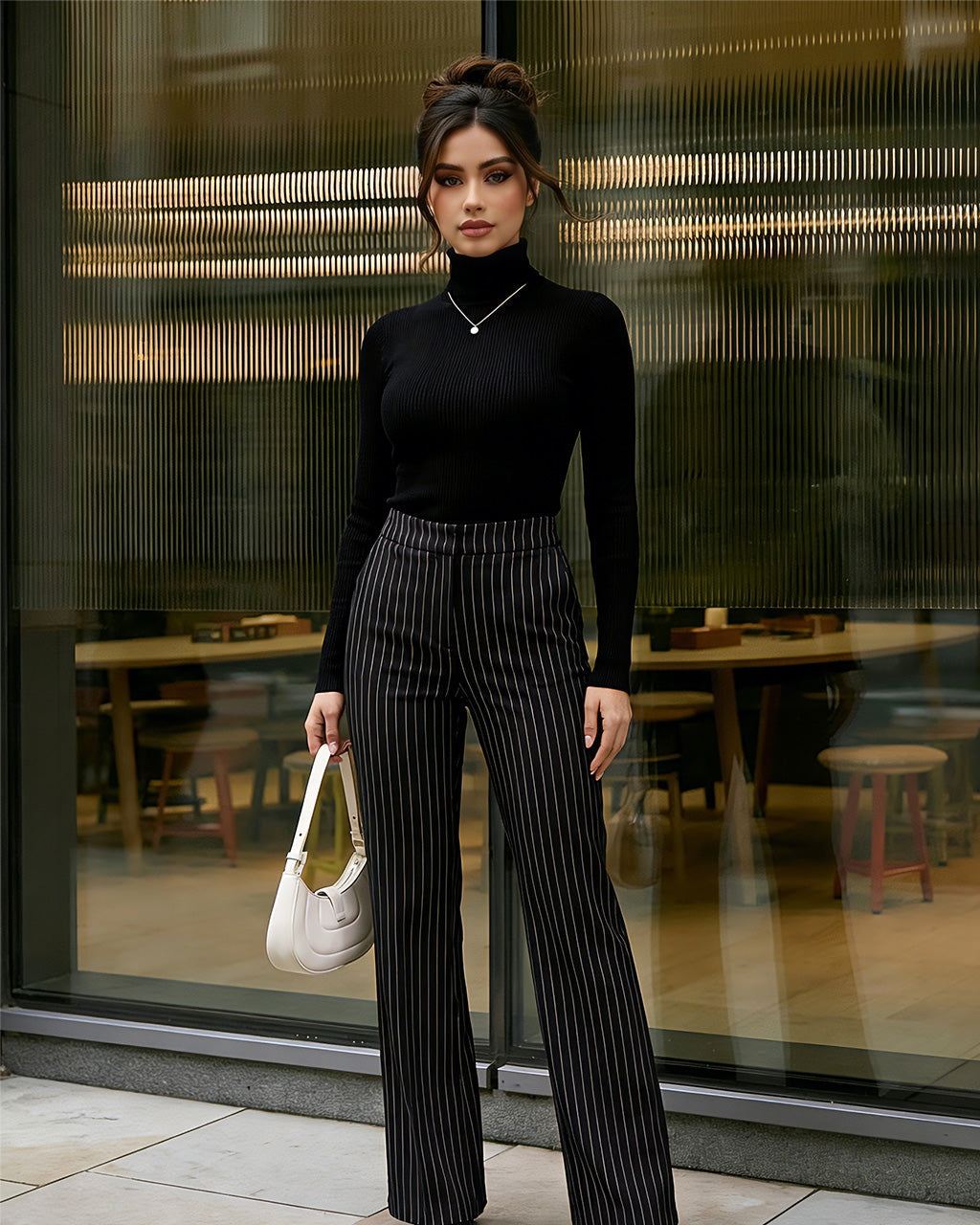 Black Pinstripe High-Waisted Wide-Leg Formal Office Trousers Pants SOLACE