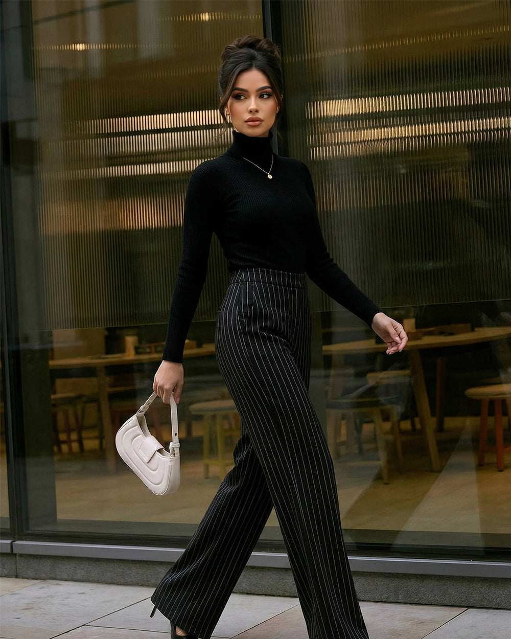 Black Pinstripe High-Waisted Wide-Leg Formal Office Trousers Pants SOLACE