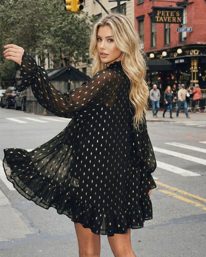Black Gold Dot Sheer Cape Sleeve Mini Dress SOLACE