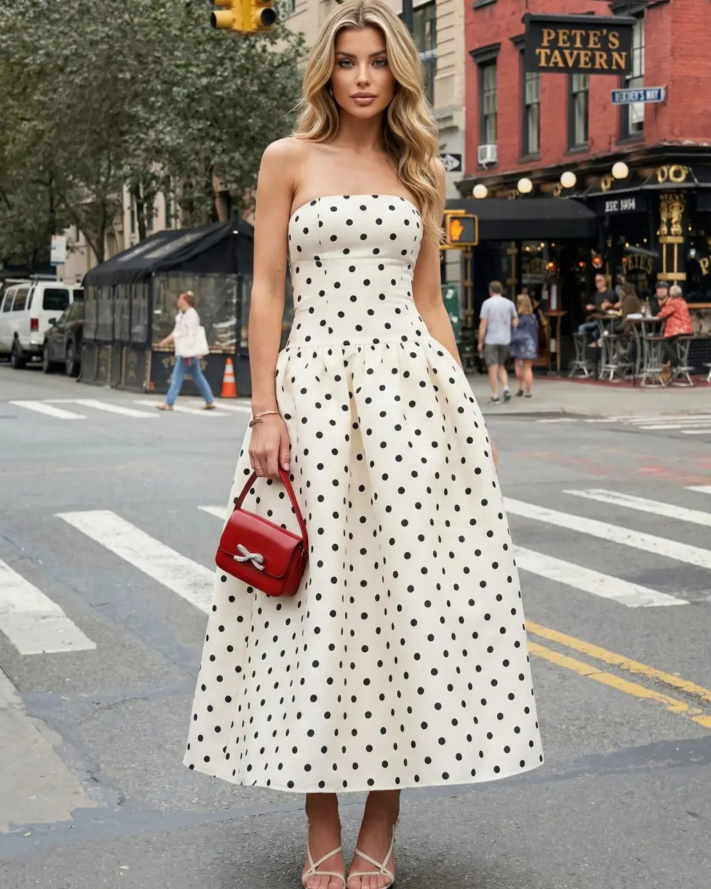 Elegant Polka Dot Strapless A-Line Midi Dress SOLACE