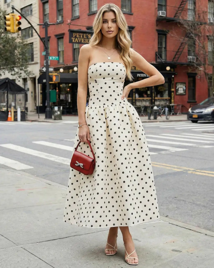 Elegant Polka Dot Strapless A-Line Midi Dress SOLACE