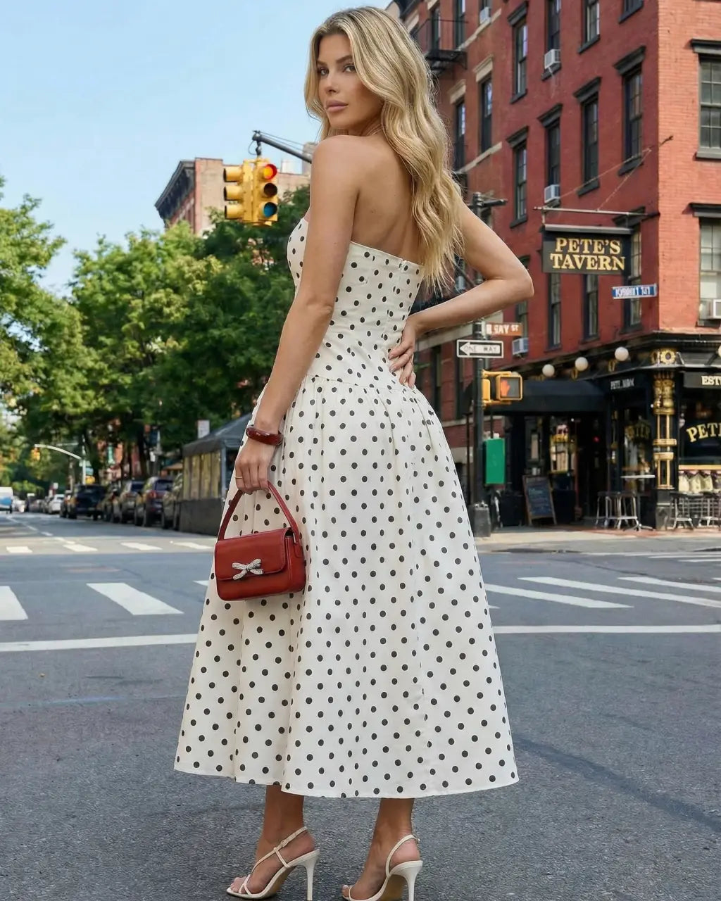 Elegant Polka Dot Strapless A-Line Midi Dress SOLACE