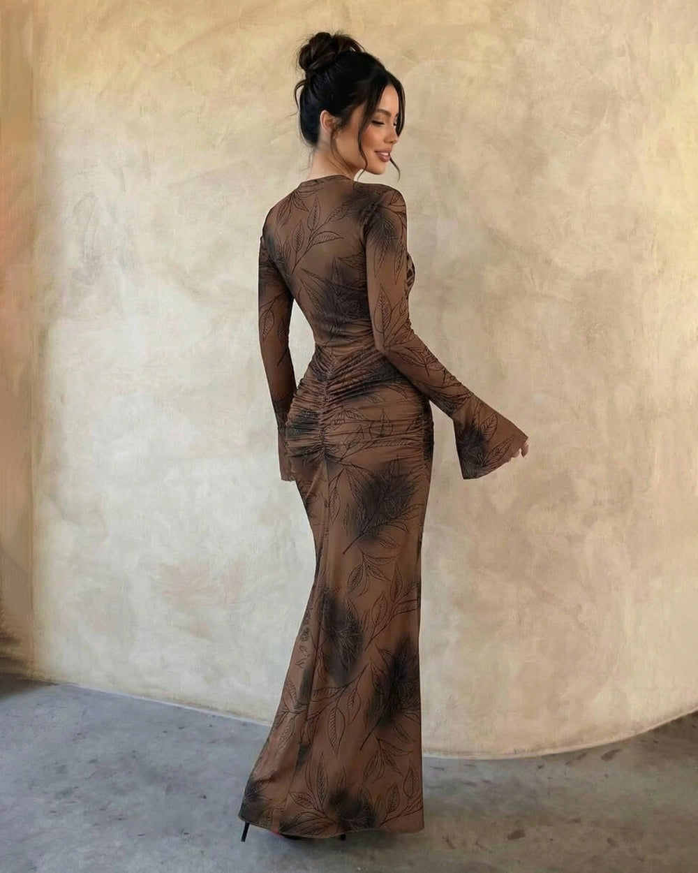 Leaf Print Mesh Long Bell Sleeve Ruched Maxi Dress SOLACE