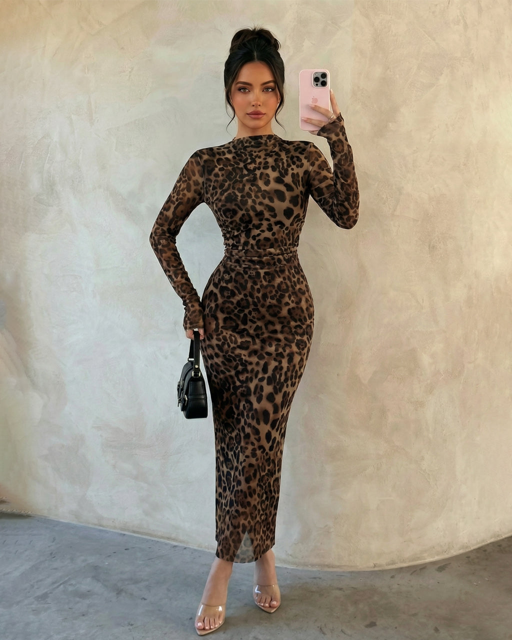 Leopard Print Mesh Mock Neck Long Sleeve Ruched Maxi Dress SOLACE
