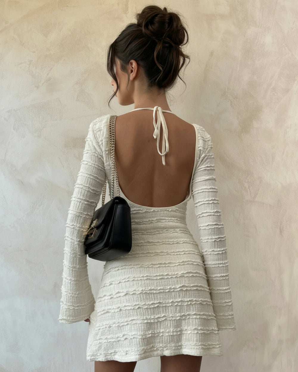 White Textured Halter Backless Bell Sleeve Mini Dress SOLACE