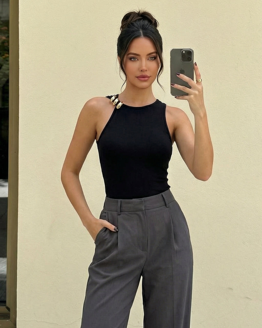 Black Ribbed Knit Halter Top SOLACE