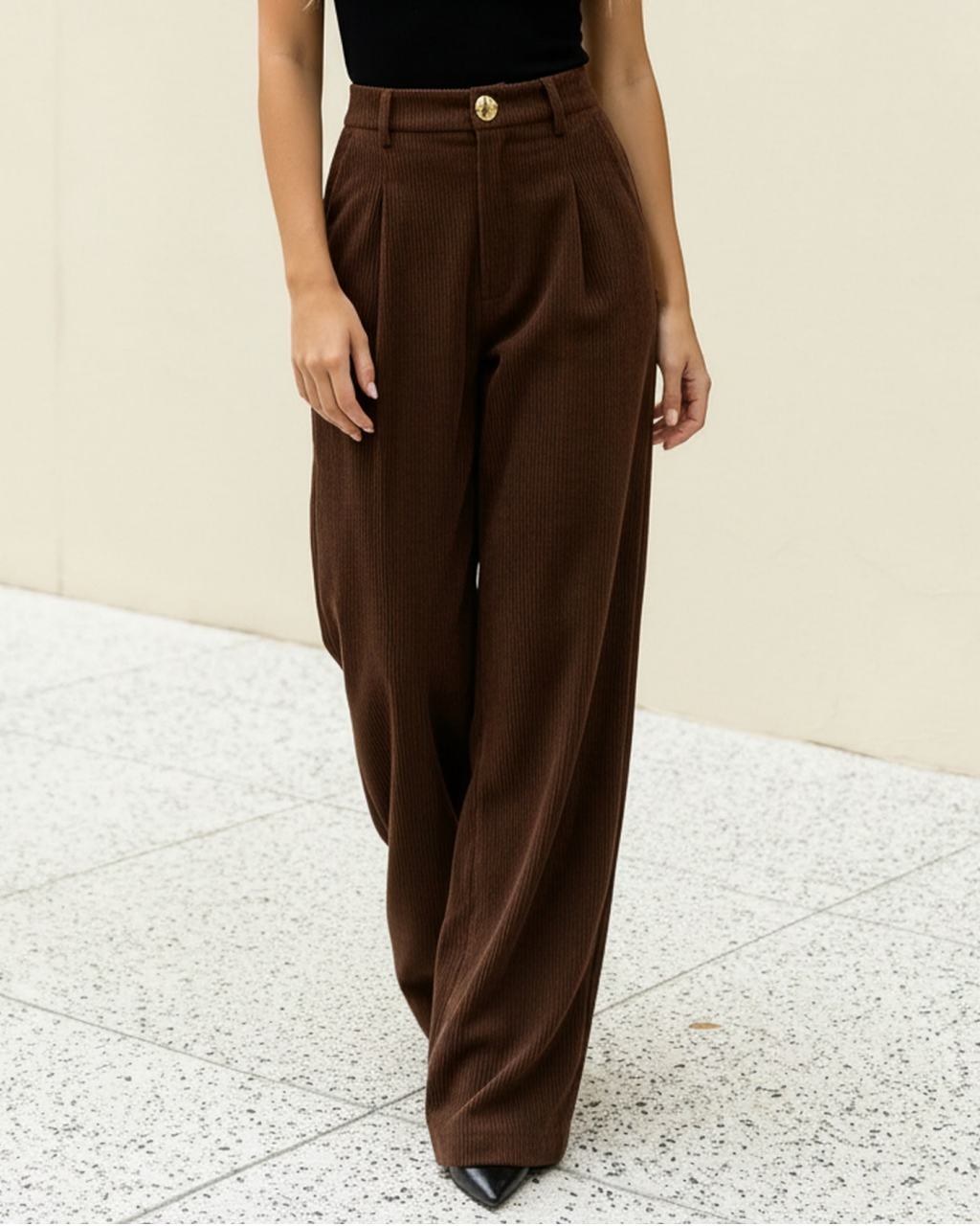 SOLACE  Brown Textured High Waisted Loose Wide Leg Trousers 