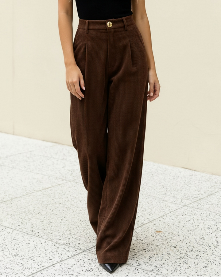 SOLACE  Brown Textured High Waisted Loose Wide Leg Trousers 