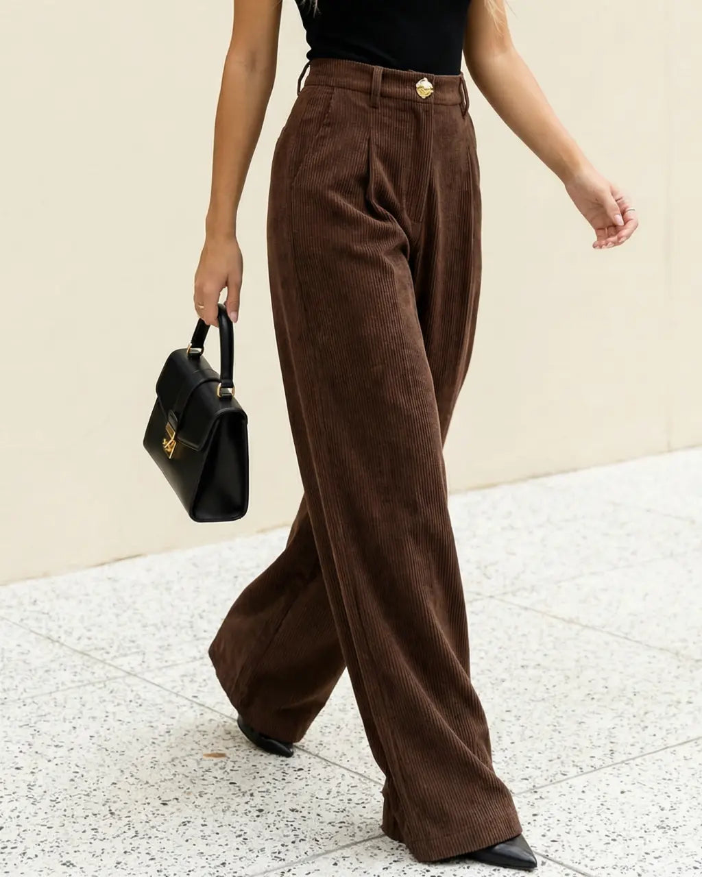 Brown Textured High Waisted Loose Wide Leg Trousers SOLACE