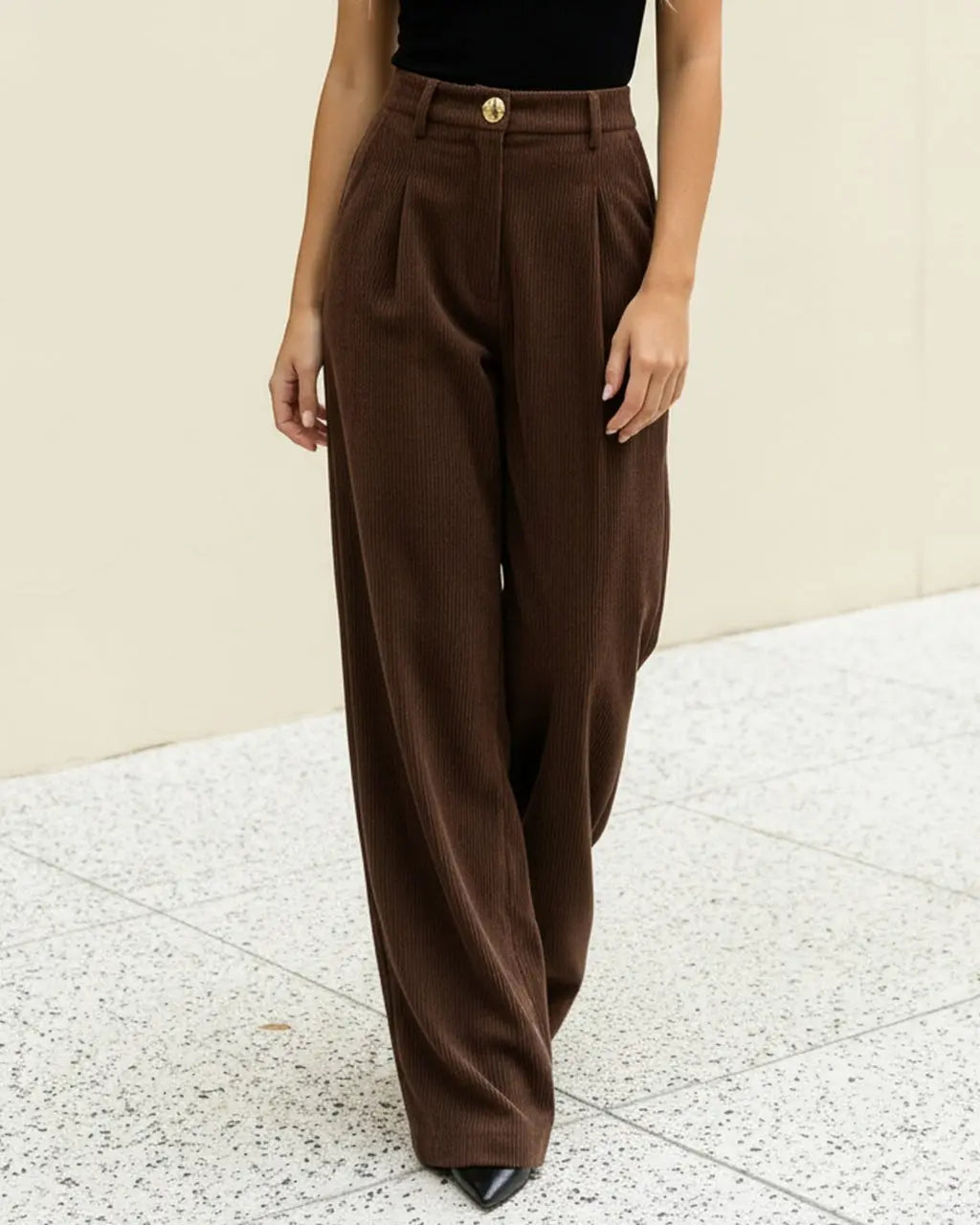 Brown Textured High Waisted Loose Wide Leg Trousers SOLACE