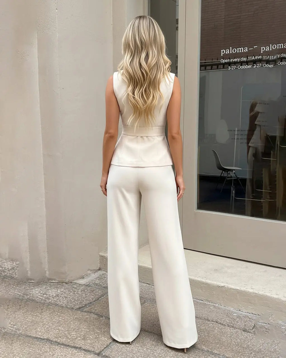 White Tailored Peplum Blazer Vest And Wide Leg Pants Suit SOLACE
