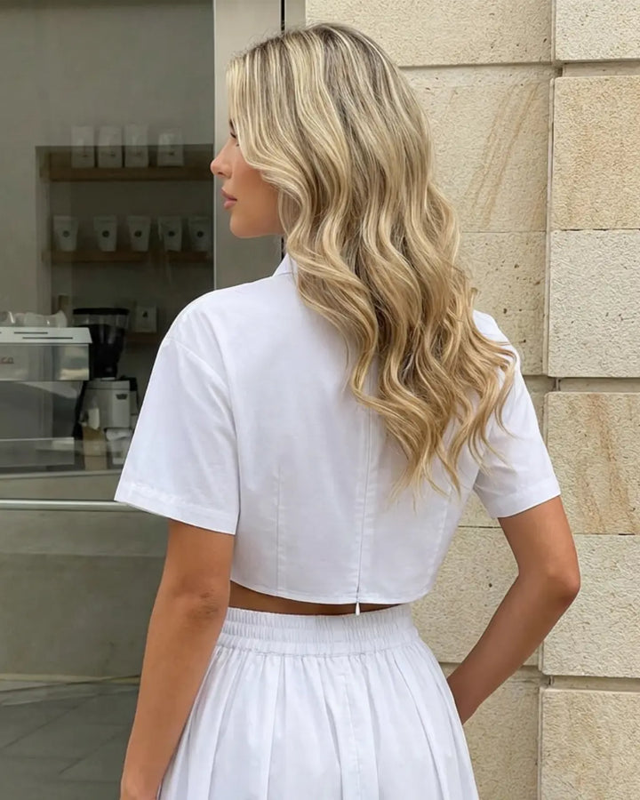 White  Spread Collar Short Sleeve Twist Front Cropped Blouse SOLACE
