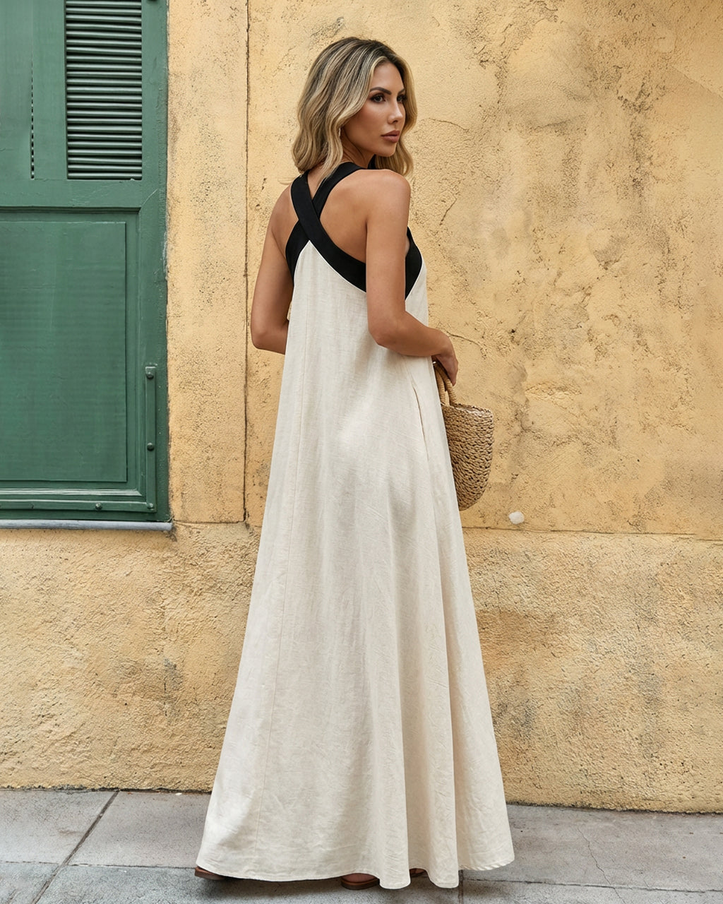 Beige Black Contrast Halter Neck Maxi Dress SOLACE