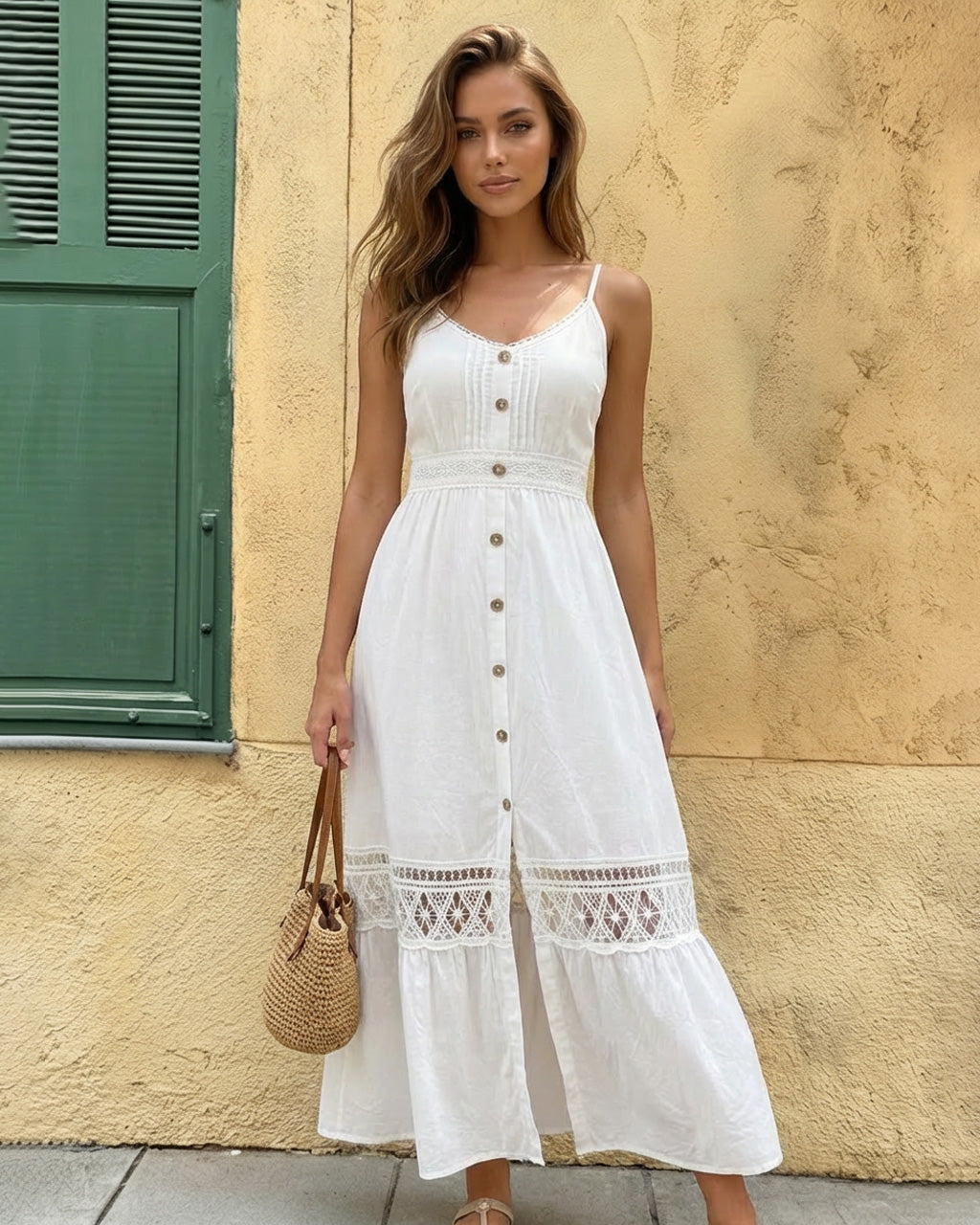 White Lace Trim Button Front Spaghetti Strap Maxi Dress SOLACE