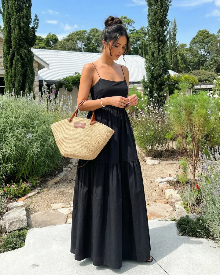 SOLACE  Black Sleeveless Backless Tiered Maxi Dress 