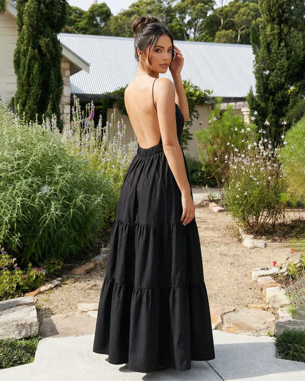 SOLACE  Black Sleeveless Backless Tiered Maxi Dress 