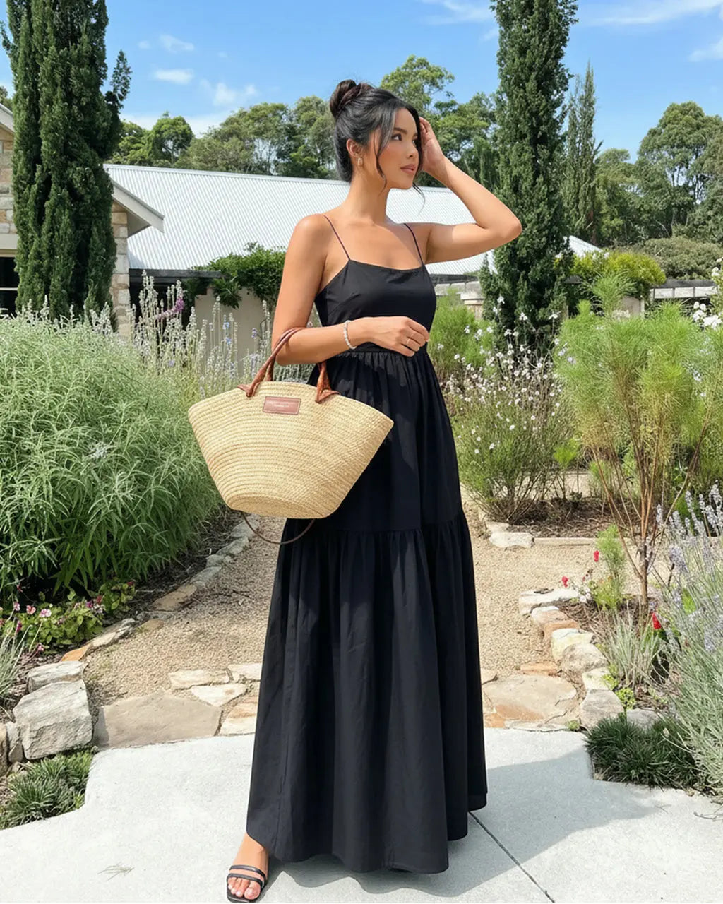 SOLACE  Black Sleeveless Backless Tiered Maxi Dress 