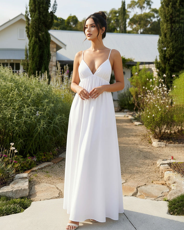 White Deep V-Neck Spaghetti Strap Backless Maxi Dress SOLACE