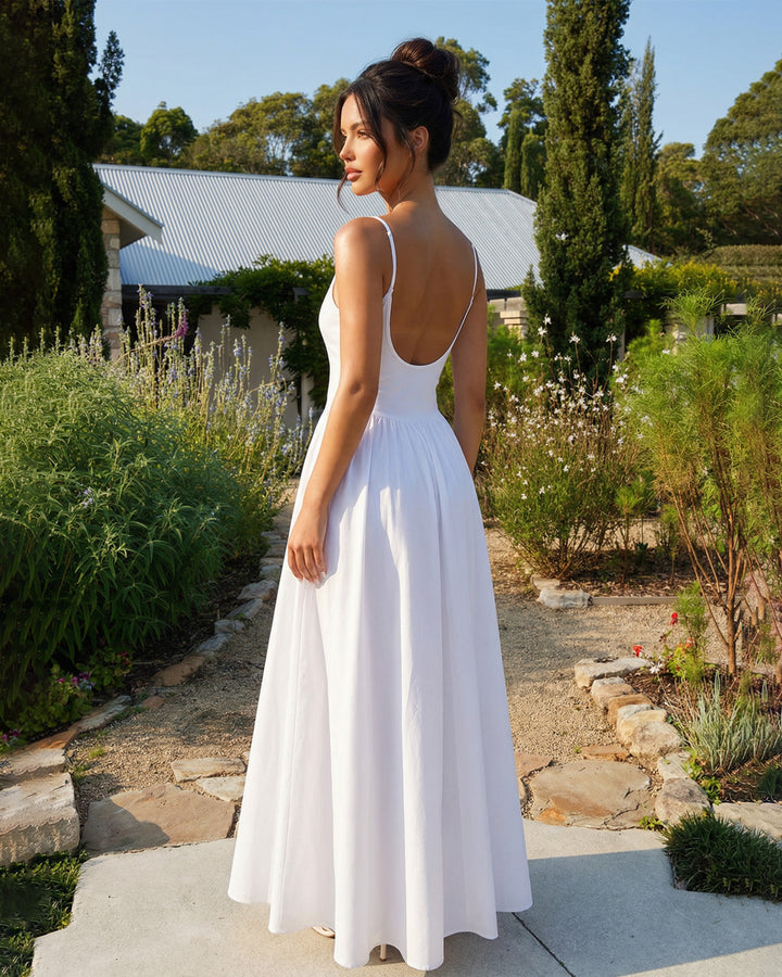 White Spaghetti Strap Backless Maxi Dress