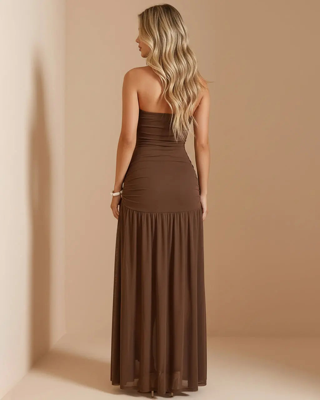 Brown High Slit Ruched Mesh Overlay Slim Fit Maxi Dress Evening Scene SOLACE