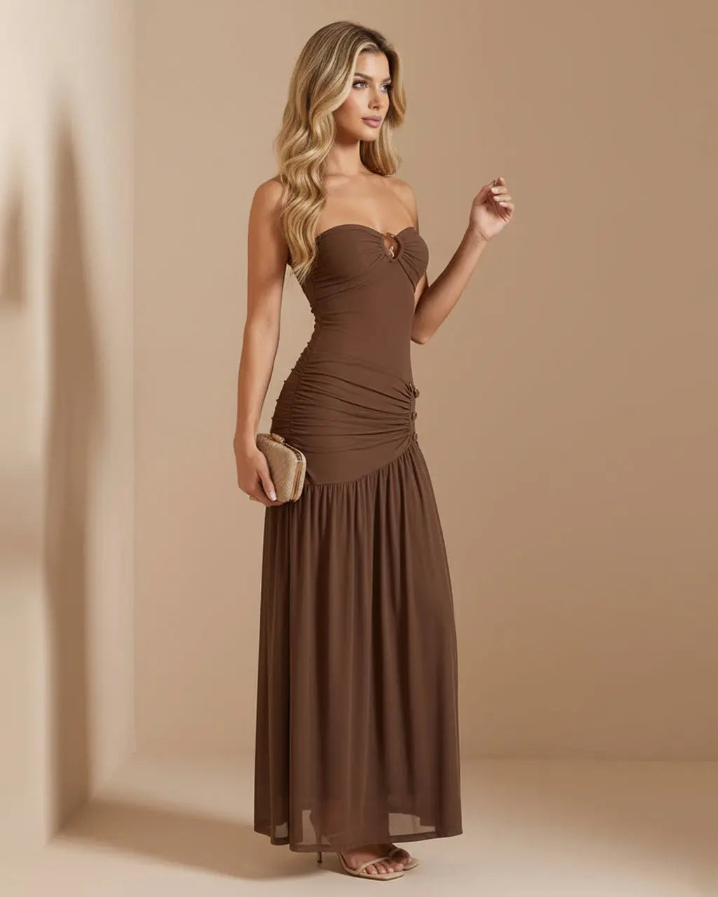 Brown High Slit Ruched Mesh Overlay Slim Fit Maxi Dress Evening Scene SOLACE