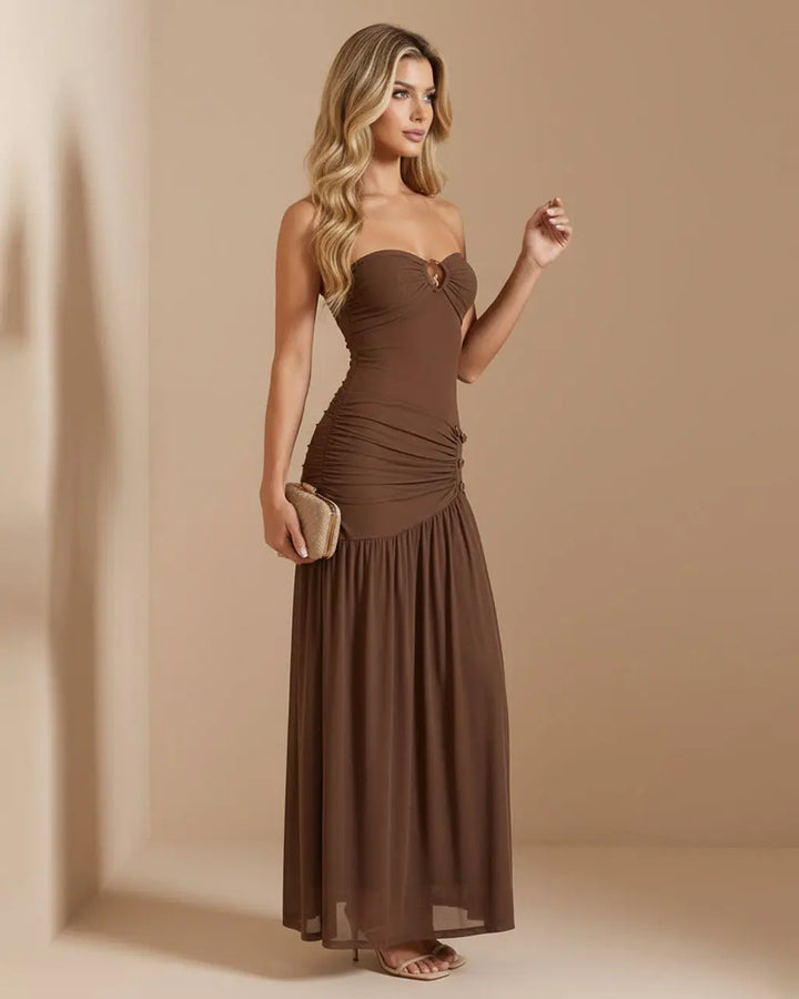 Brown High Slit Ruched Mesh Overlay Slim Fit Maxi Dress Evening Scene SOLACE
