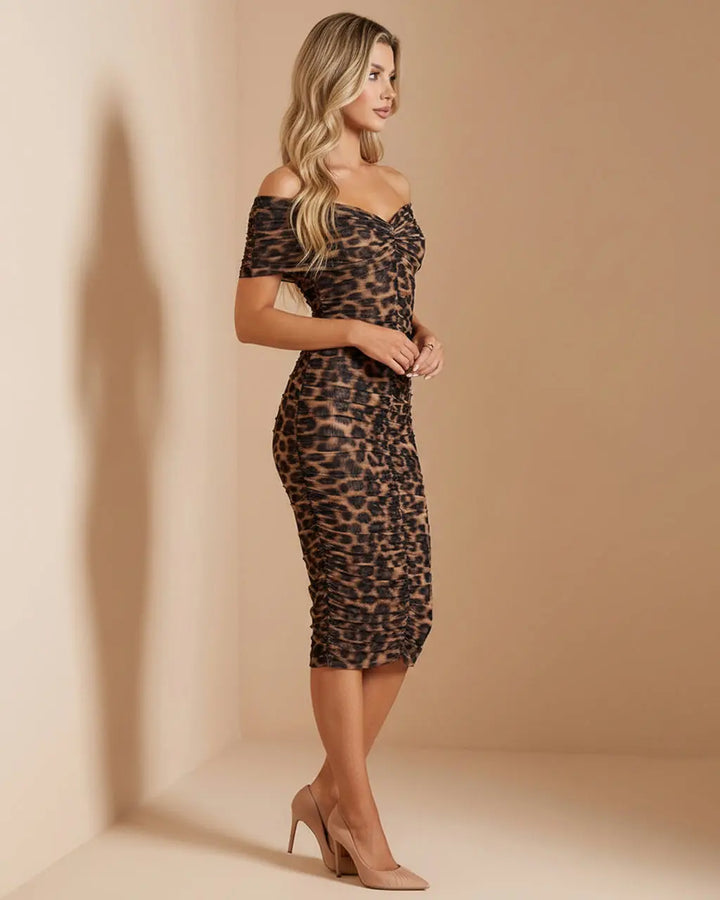 Brown Sexy Off Shoulder Ruched Leopard Print Bodycon Slim Midi Dress Evening Scene SOLACE