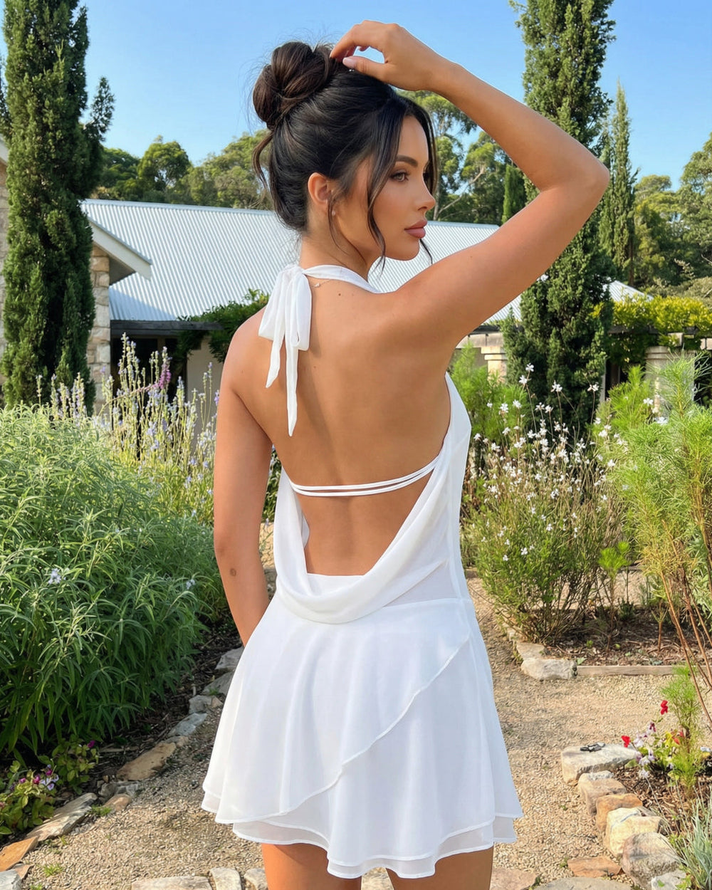 White Halter Cowl Neck Ruffled Mini Dress SOLACE