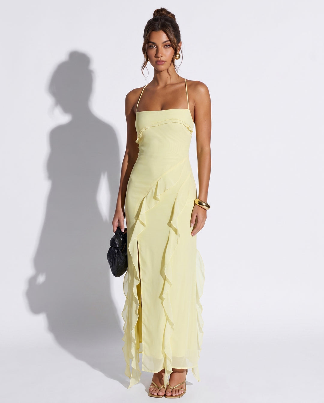 SOLACEYellow Ruffled Chiffonhigh Front Slit Maxi Dress
