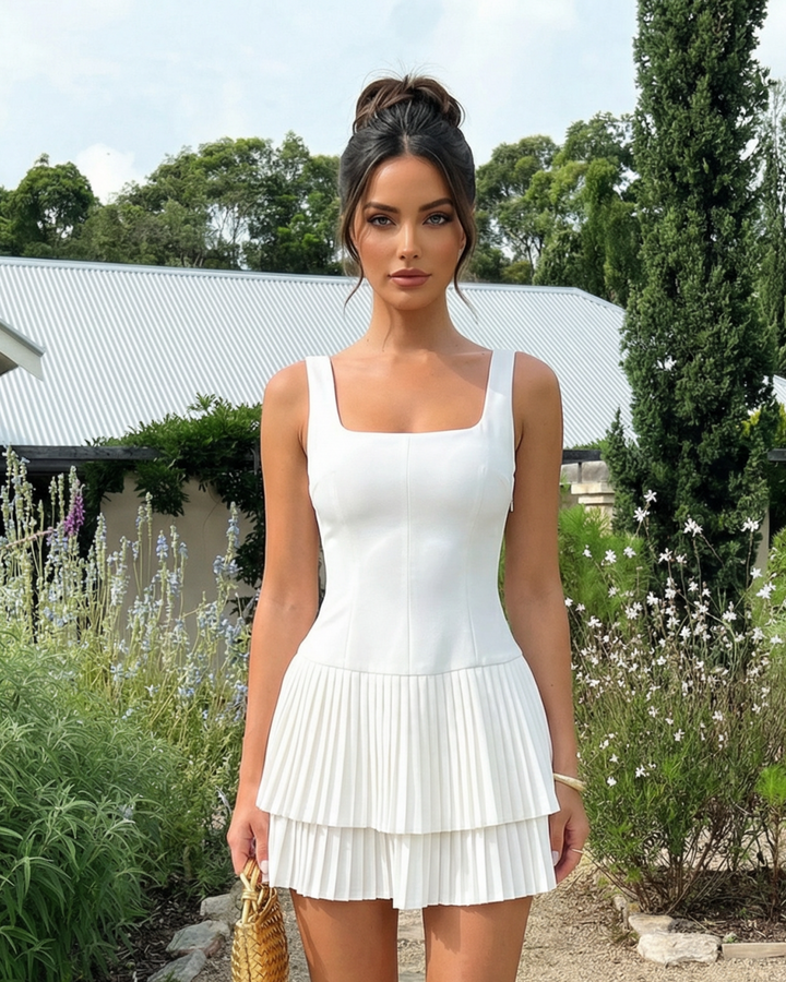 White Square Neck Sleeveless Pleated Mini Dress SOLACE