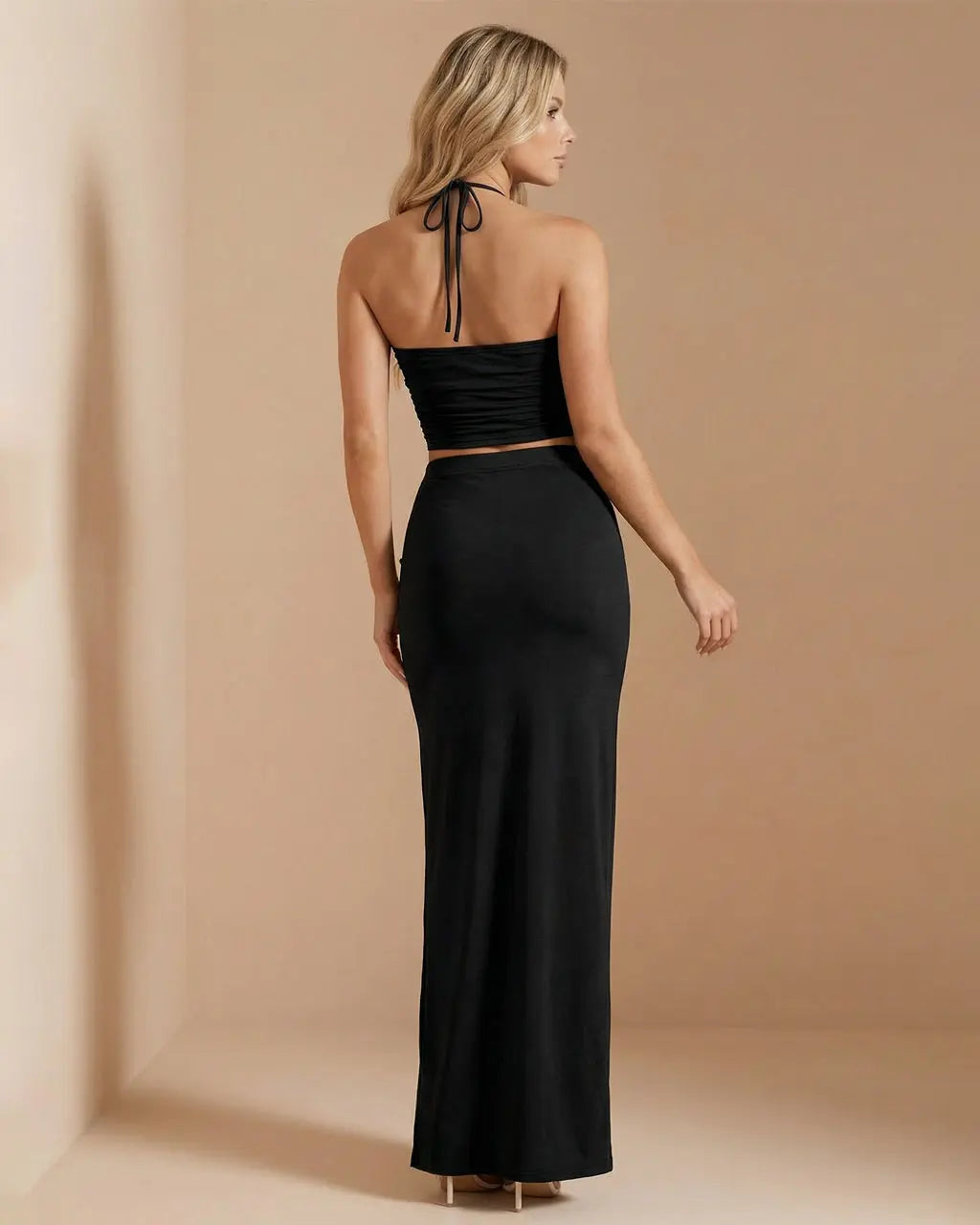 Black Sexy High Slit Bodycon Twist Slim Fit Maxi Two-Piece Set Evening Scene SOLACE