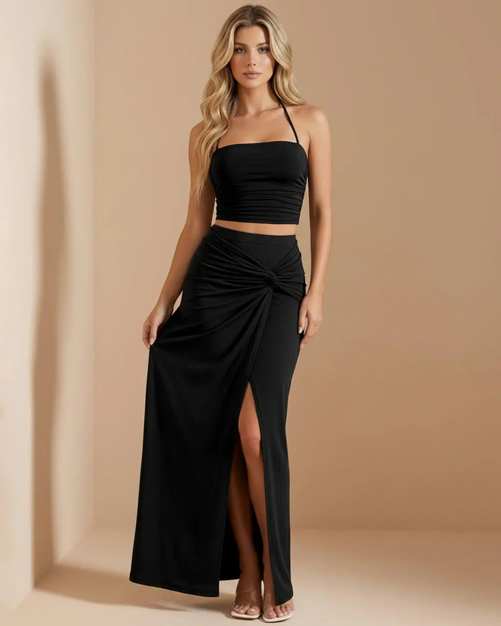 Black Sexy High Slit Bodycon Twist Slim Fit Maxi Two-Piece Set Evening Scene SOLACE