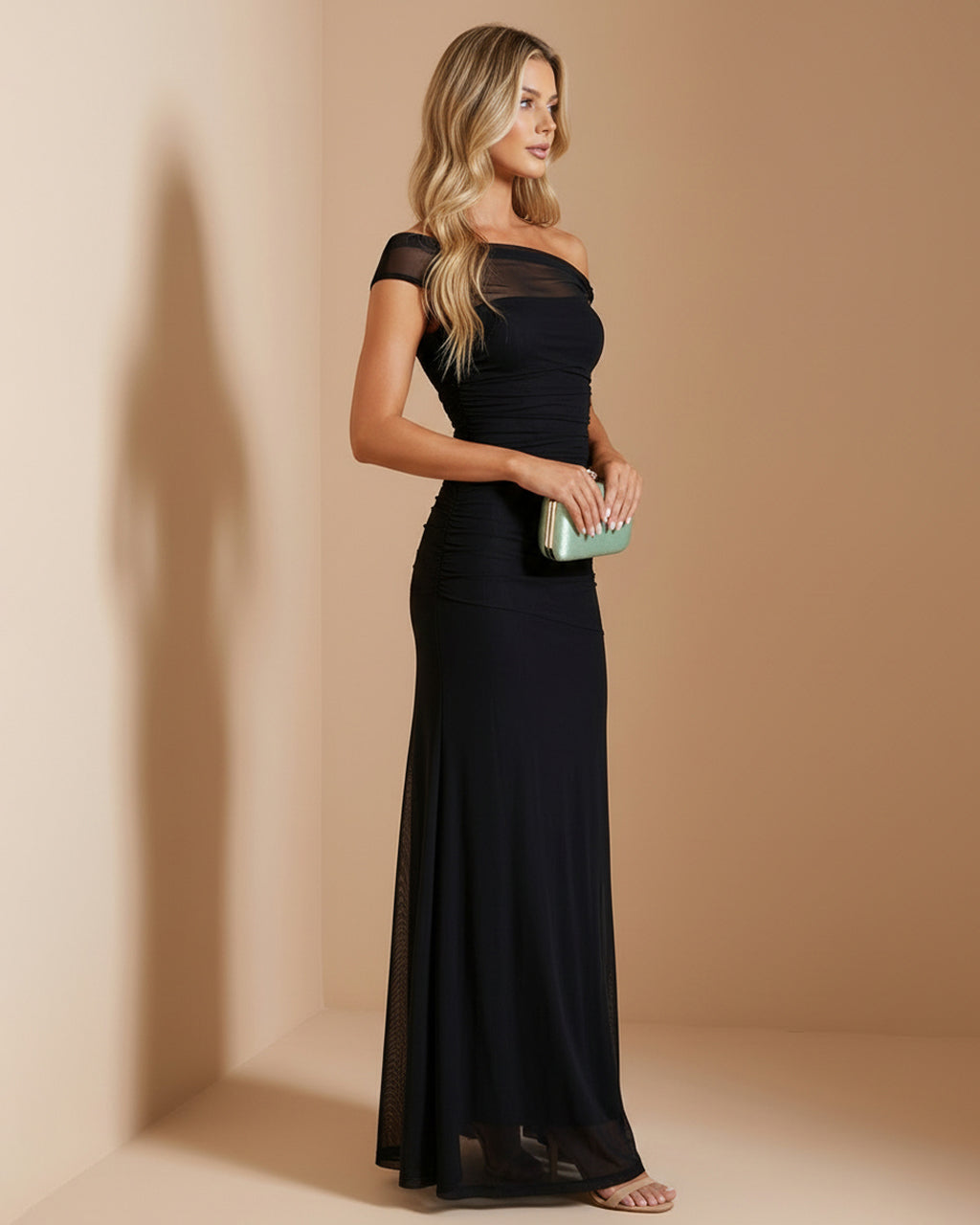 Black Off-Shoulder Ruched Mesh Overlay Maxi Evening Dress